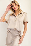 Silky Collared Placket Top | Champagne