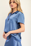 Silky Collared Placket Top | Indigo