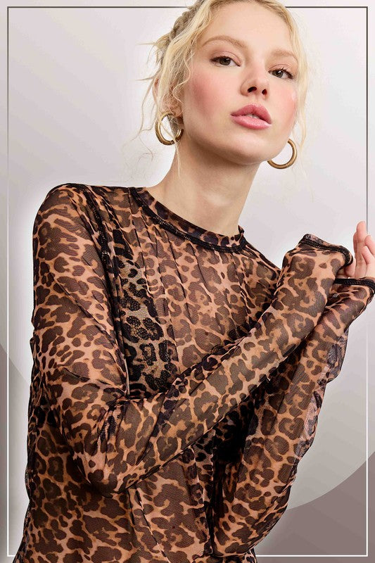 Semi Sheer Mesh Leopard Layering Top | Mahogany