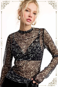Semi Sheer Mesh Leopard Layering Top | Smoke