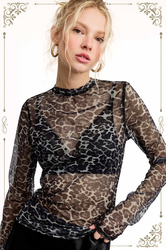 Semi Sheer Mesh Leopard Layering Top | Smoke