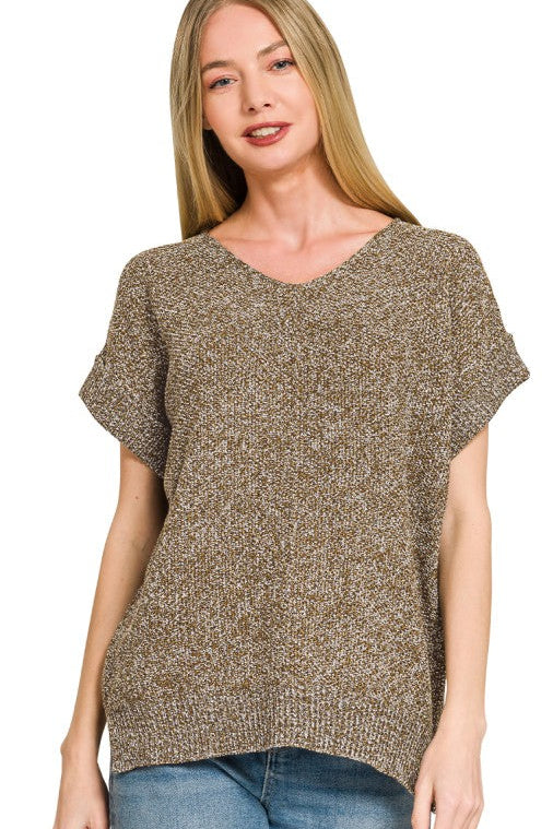 Center Seam Short Sleeve Sweater Top | Heather Brown
