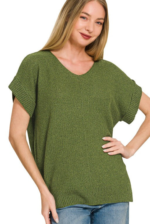Center Seam Short Sleeve Sweater Top | Light Olive