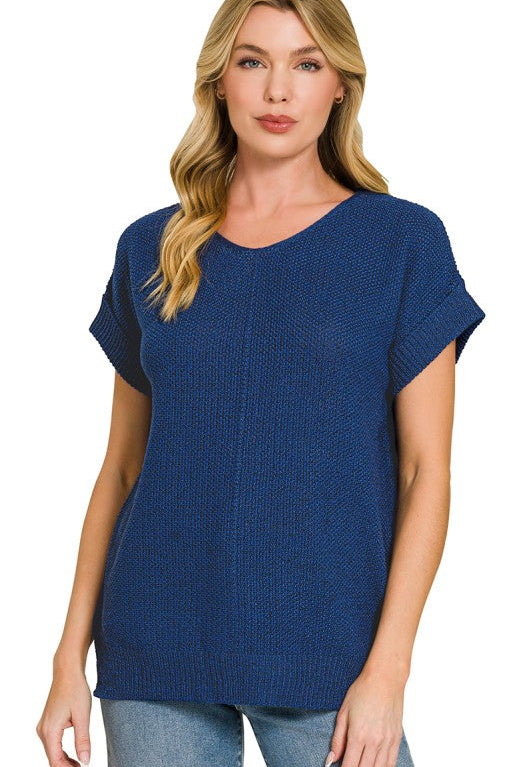 Center Seam Short Sleeve Sweater Top | Blue