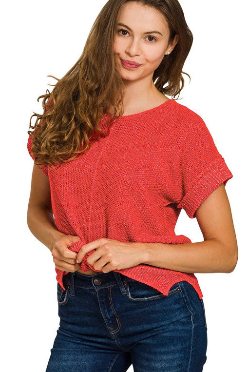 Center Seam Short Sleeve Sweater Top | Red