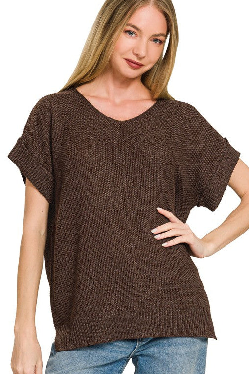 Center Seam Short Sleeve Sweater Top | Chocolate