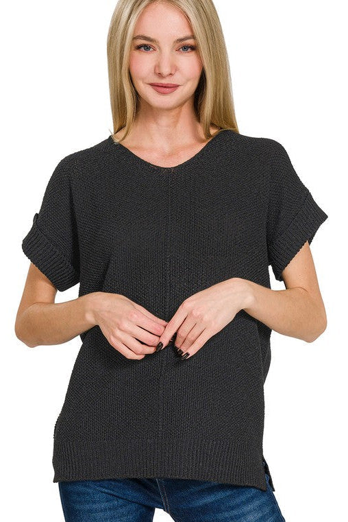 Center Seam Short Sleeve Sweater Top | Black
