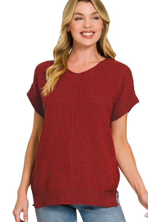 Center Seam Short Sleeve Sweater Top | Cabernet