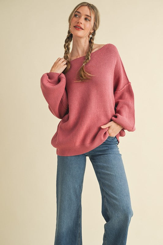 Boat Neck Ribbed Sweater Top | Rosewood