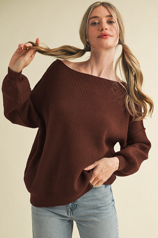 Boat Neck Ribbed Sweater Top | Hot Chocolate