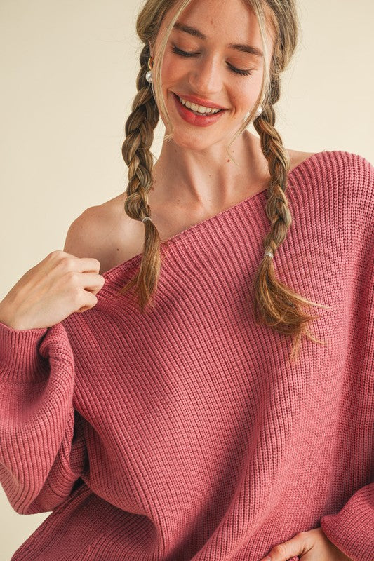 Boat Neck Ribbed Sweater Top | Rosewood