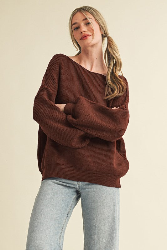 Boat Neck Ribbed Sweater Top | Hot Chocolate