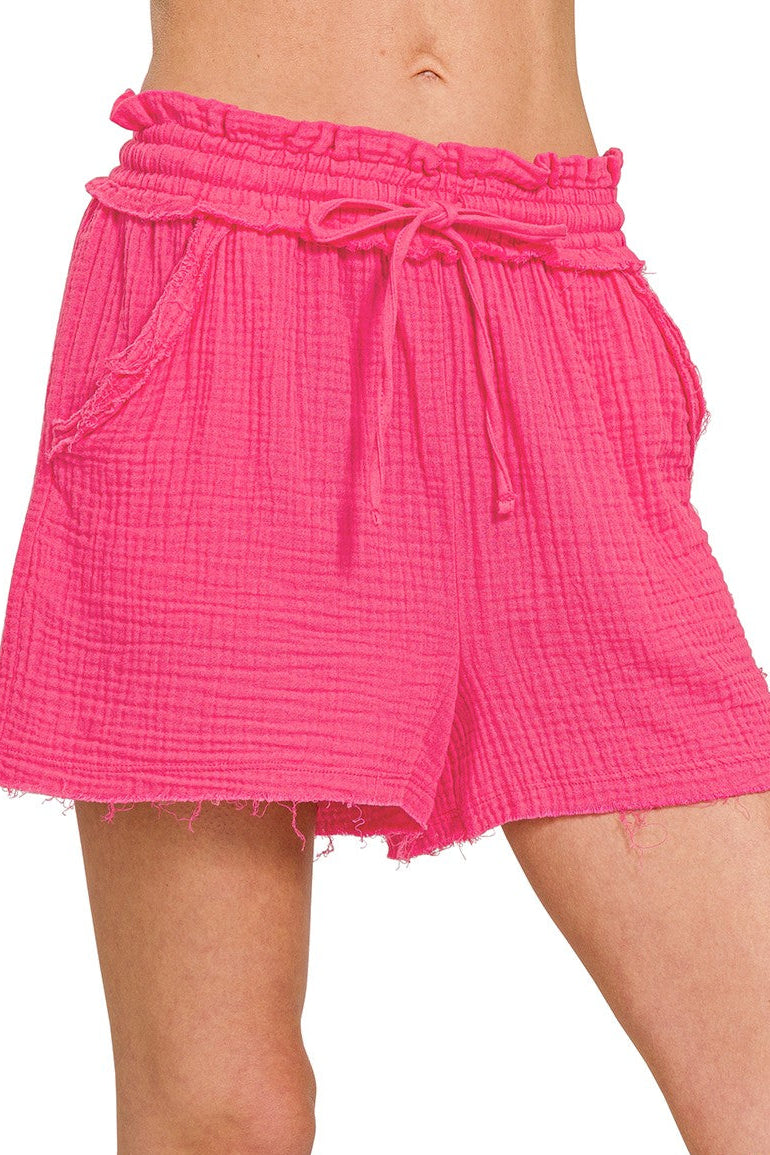 Double Gauze Drawstring Cotton Shorts | Fuchsia