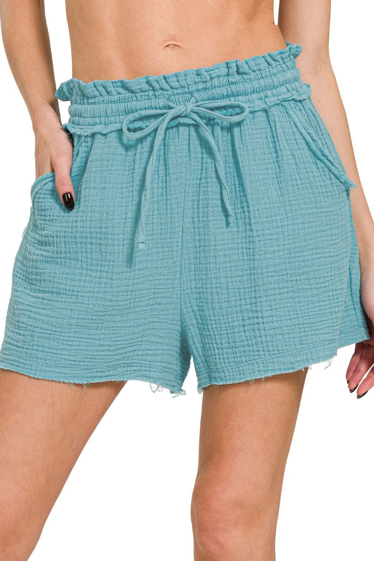 Double Gauze Drawstring Cotton Shorts | Dusty Teal