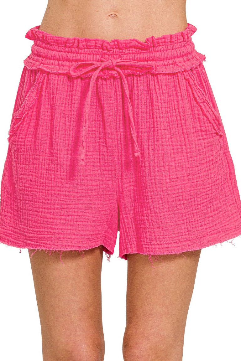 Double Gauze Drawstring Cotton Shorts | Fuchsia
