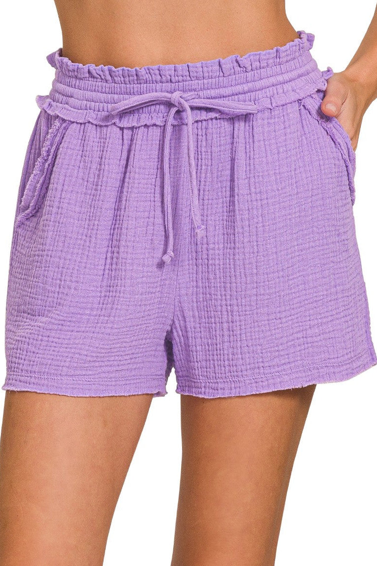 Double Gauze Drawstring Cotton Shorts | Lavender