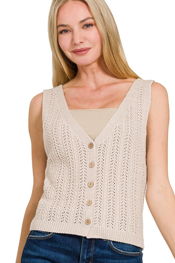 Button Down Sweater Vest Top | Beige