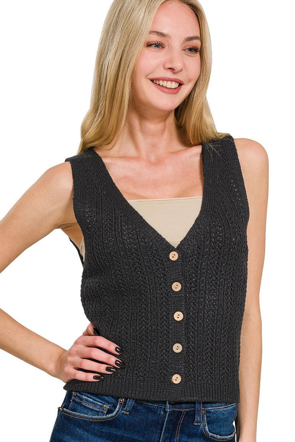Button Down Sweater Vest Top | Black