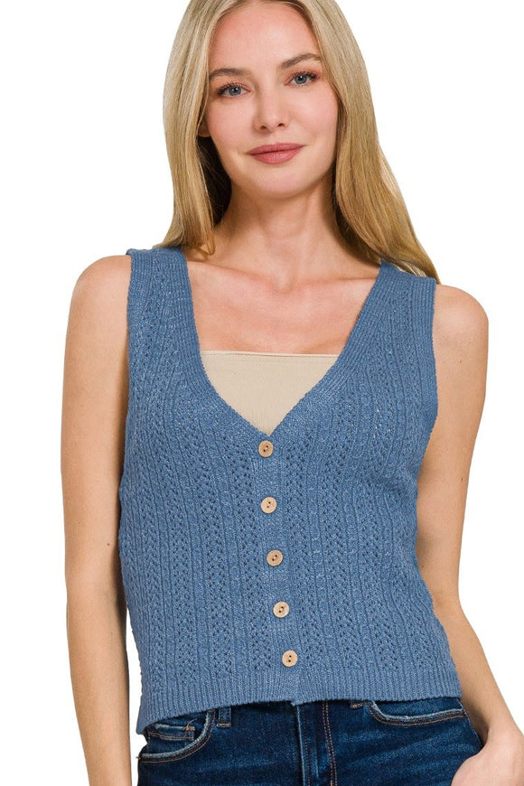 Button Down Sweater Vest Top | Dusty Blue