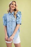 Linen Western Flare Top | Light Blue