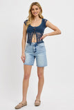 Risen Denim Shorts | Tummy Control Raw Cut Mid Length