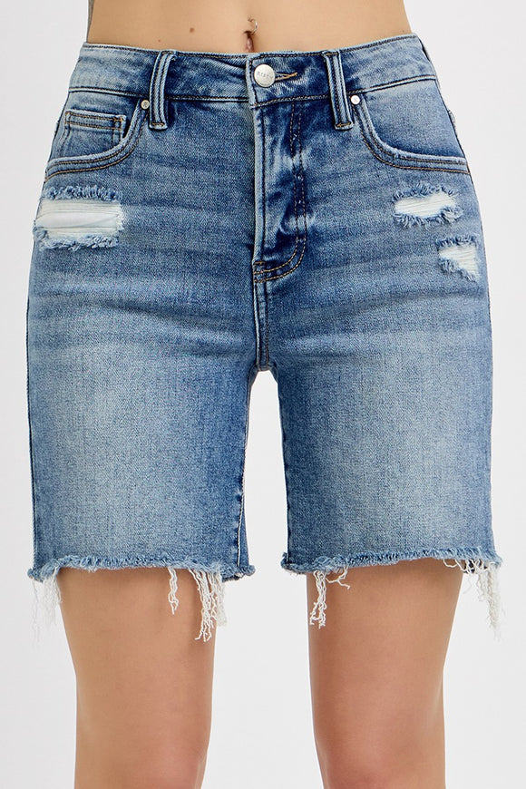 Risen Denim Shorts | Tummy Control Loose Fit Mid Length
