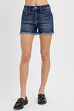 Risen Denim Shorts | Tummy Control Fray Hem Dark
