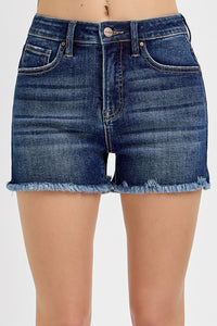 Risen Denim Shorts | Tummy Control Fray Hem Dark