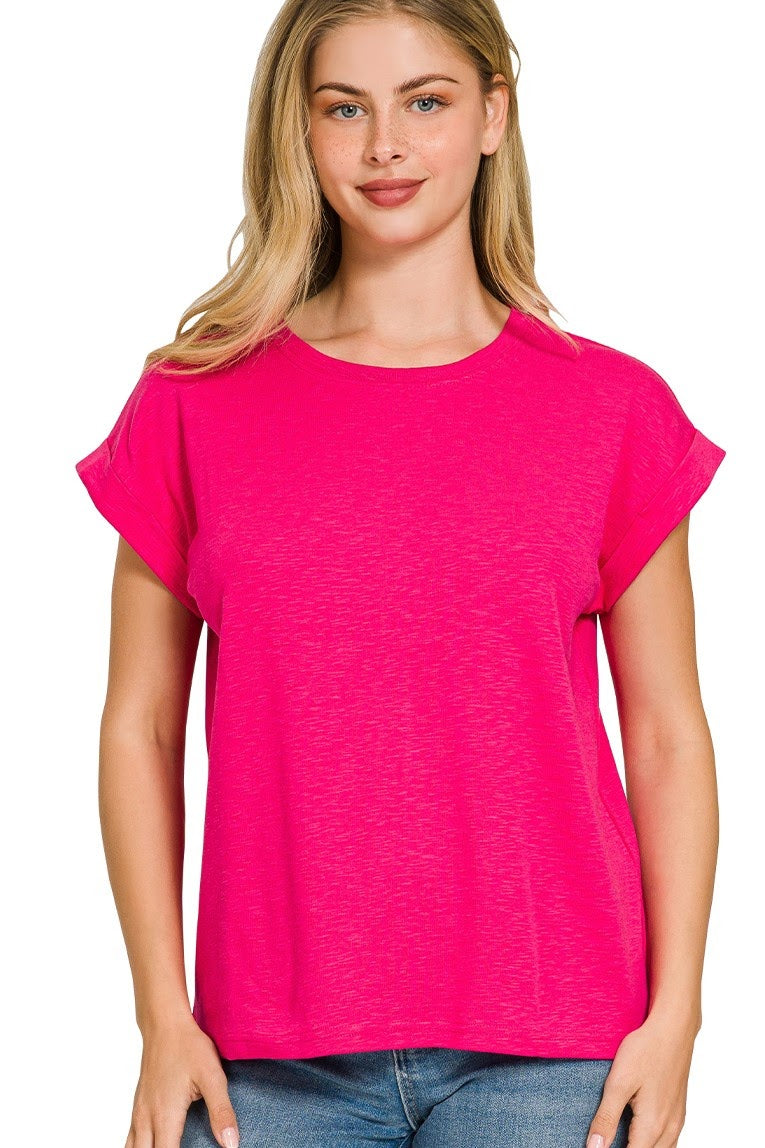 Cotton Slub Rolled Sleeve Top | Hot Pink