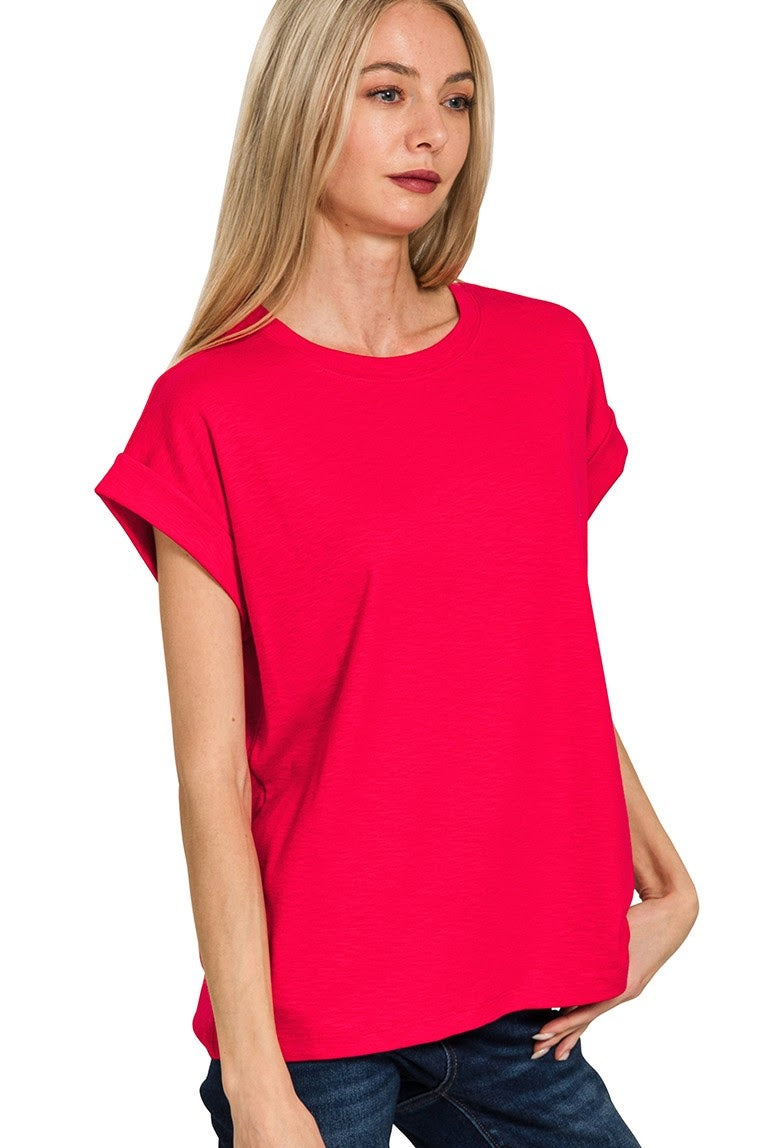 Cotton Slub Rolled Sleeve Top | Ruby