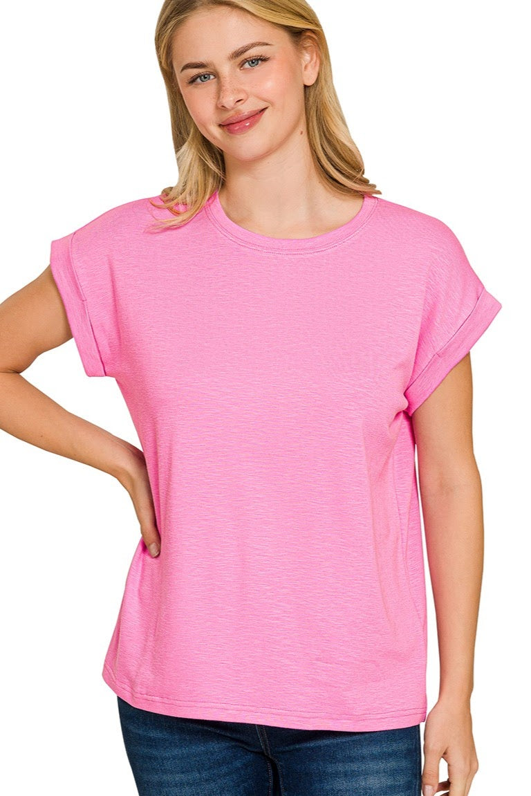 Cotton Slub Rolled Sleeve Top | Candy Pink