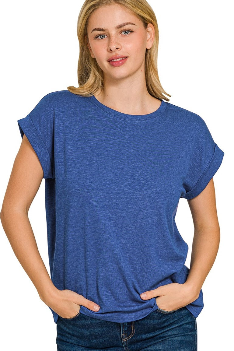 Cotton Slub Rolled Sleeve Top | Blue