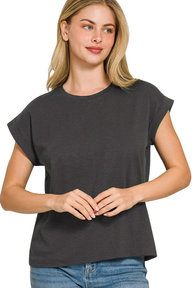 Cotton Slub Rolled Sleeve Top | Black