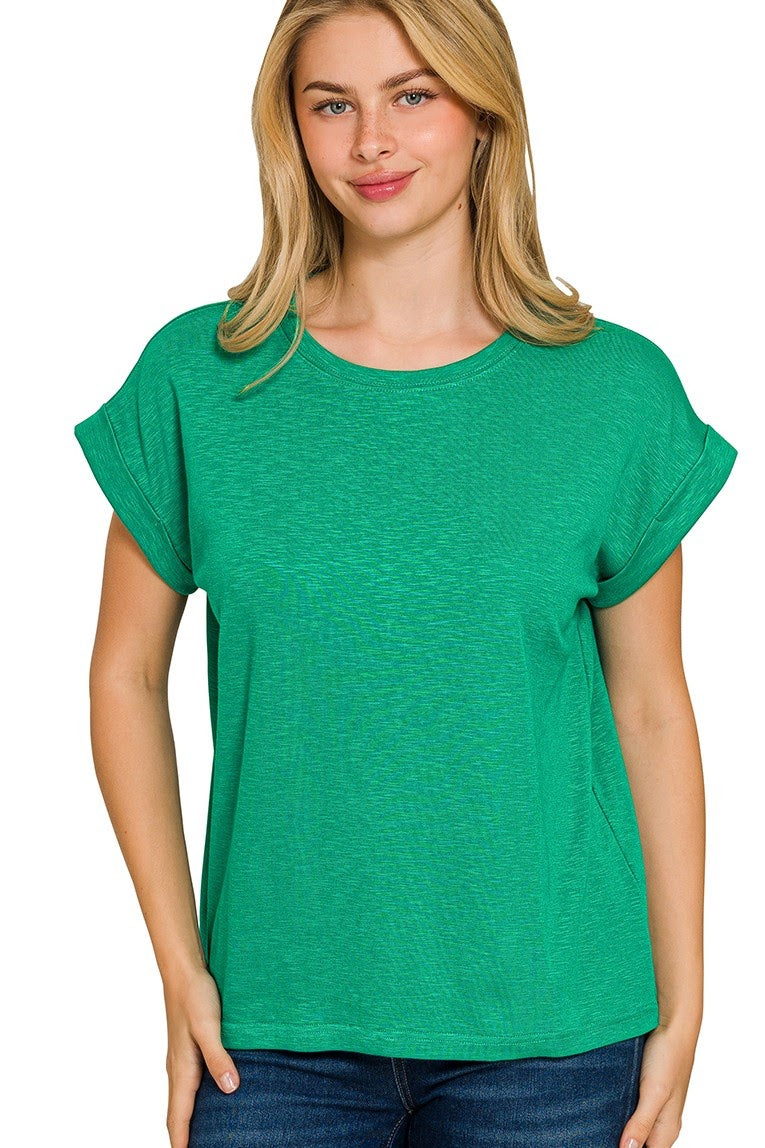 Cotton Slub Rolled Sleeve Top | Kelly Green