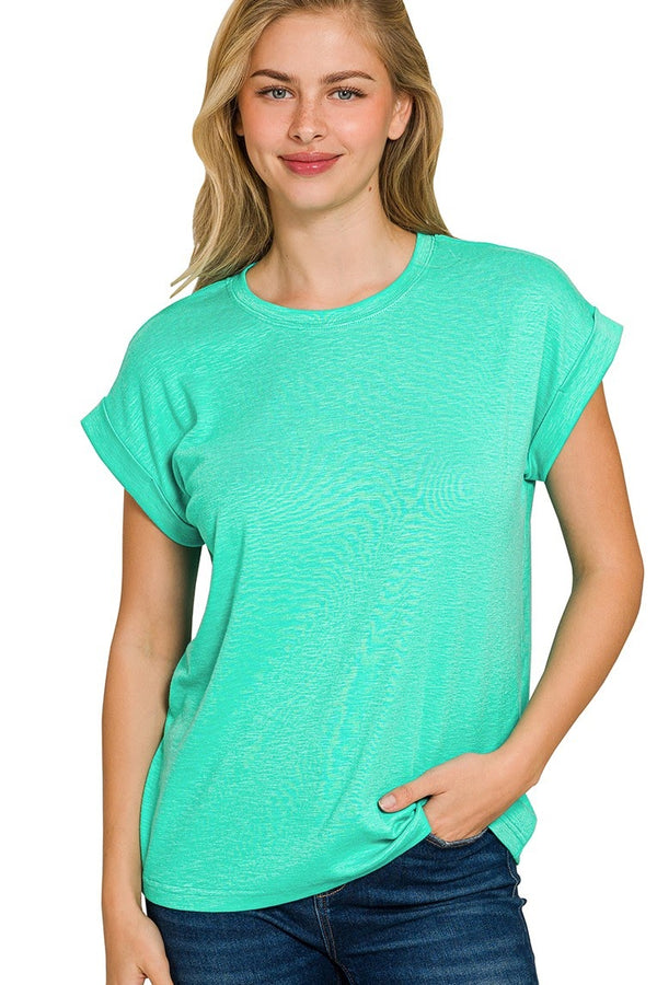 Cotton Slub Rolled Sleeve Top | Mint