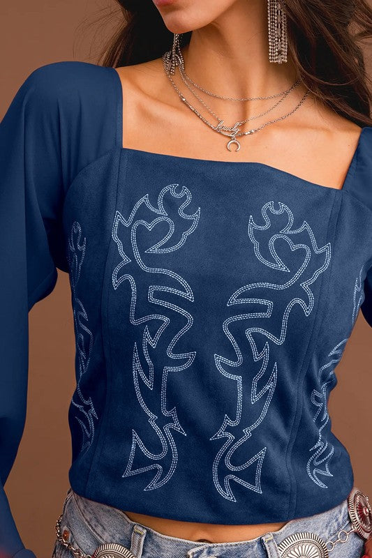 Western Sheer Sleeve Embroidered Corset Top | Navy Blue