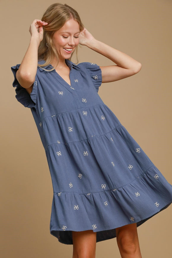 Linen Embroidered Bow Tiered Dress | Blue