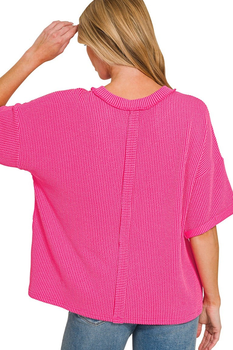 Raised Ribbed Casual Pocket Top | Hot Pink