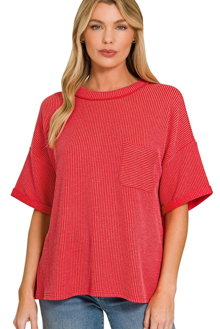 Raised Ribbed Casual Pocket Top | Red