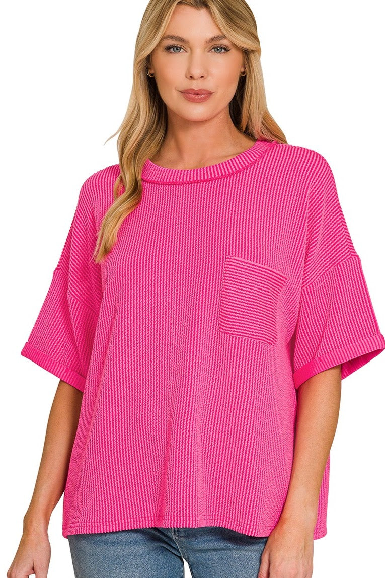 Raised Ribbed Casual Pocket Top | Hot Pink