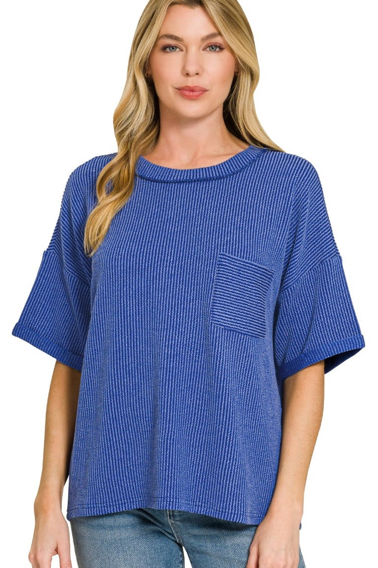 Raised Ribbed Casual Pocket Top | Blue