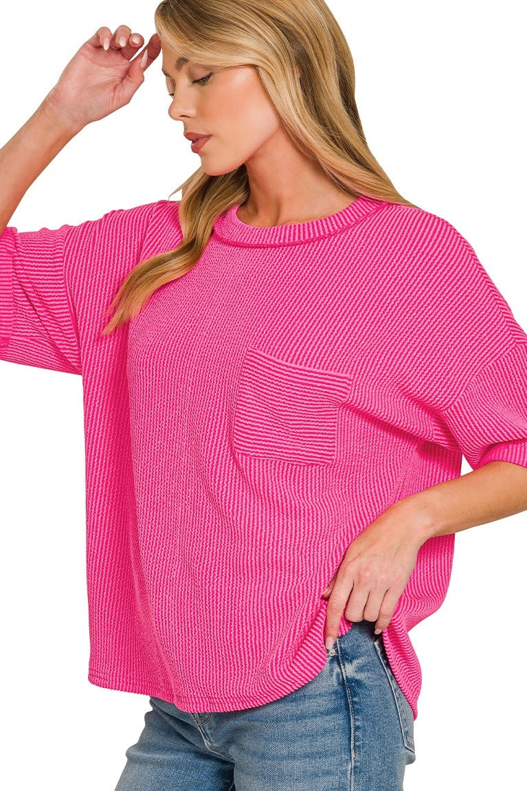 Raised Ribbed Casual Pocket Top | Hot Pink