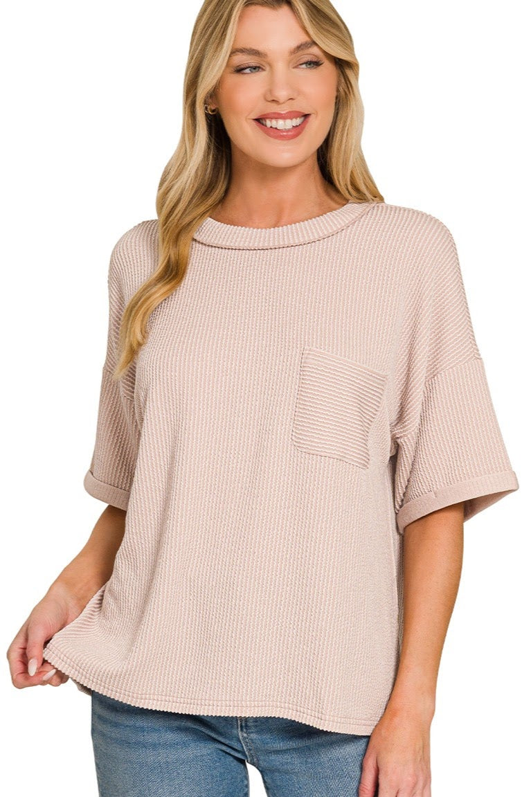Raised Ribbed Casual Pocket Top | Ash Mocha