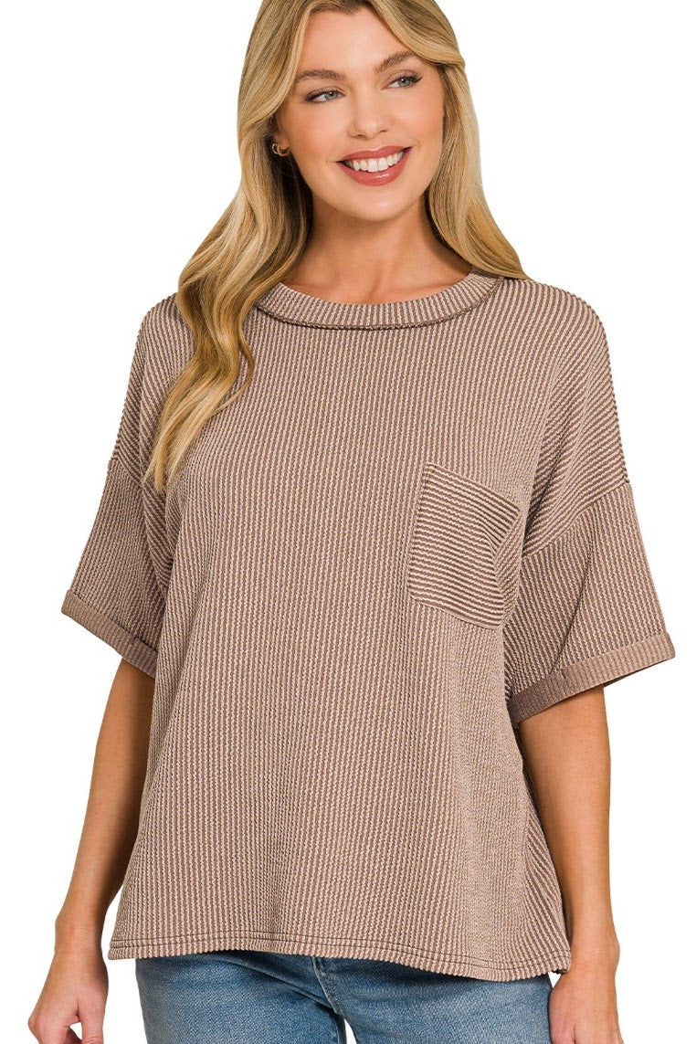 Raised Ribbed Casual Pocket Top | Mocha