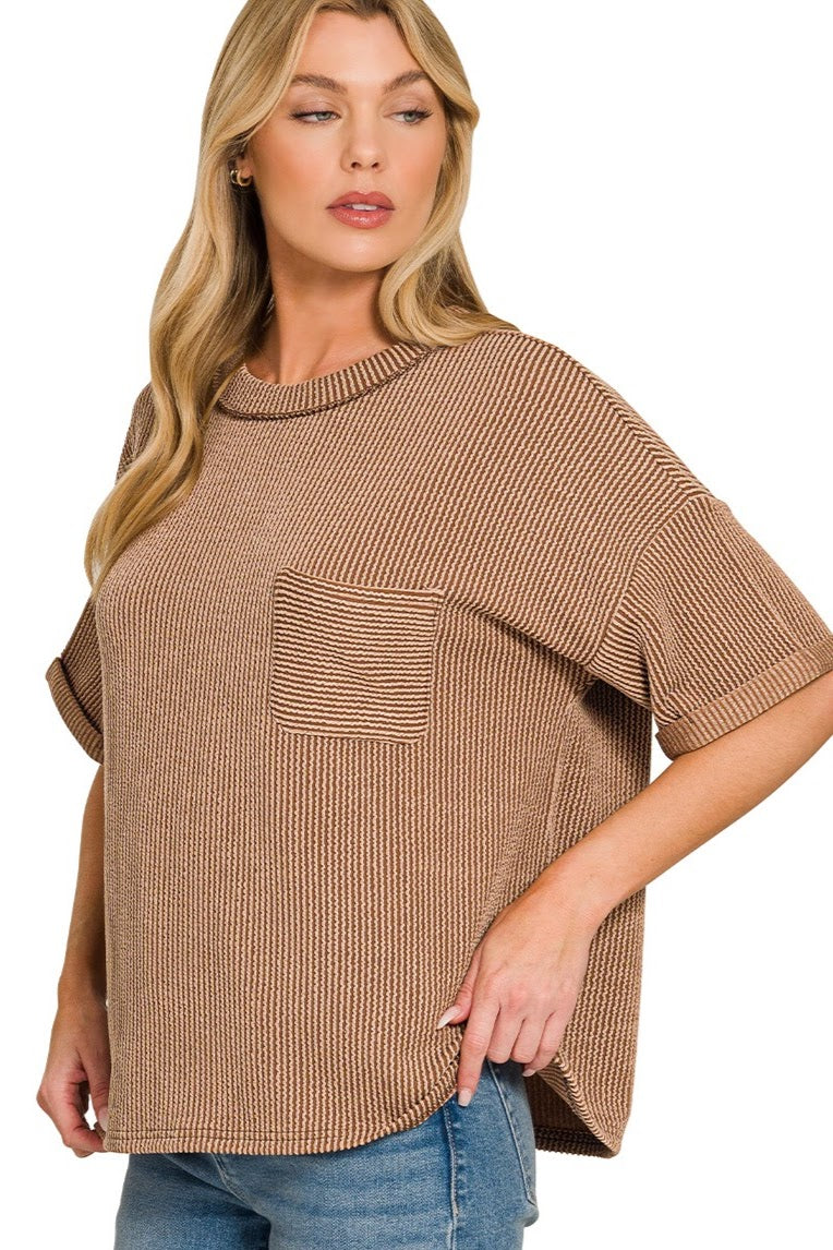 Raised Ribbed Casual Pocket Top | Brown