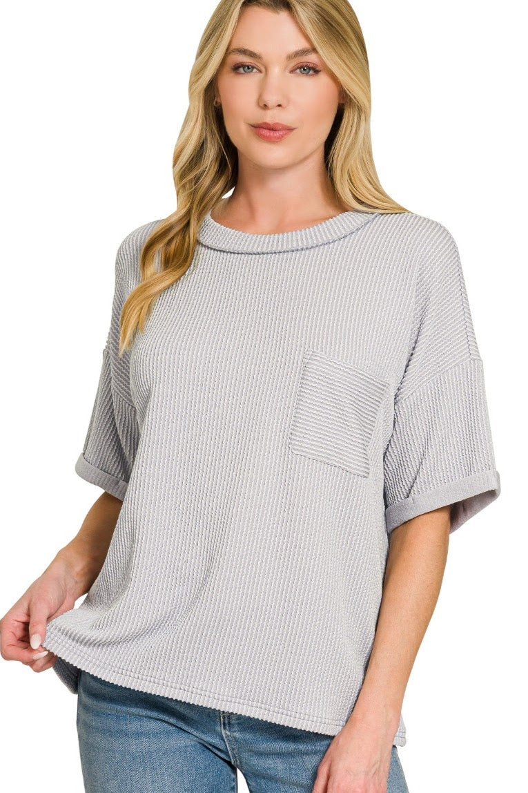 Raised Ribbed Casual Pocket Top | Light Grey