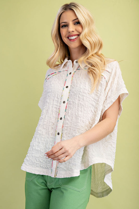 Textured Button Down Colorful Piping Top | Off White