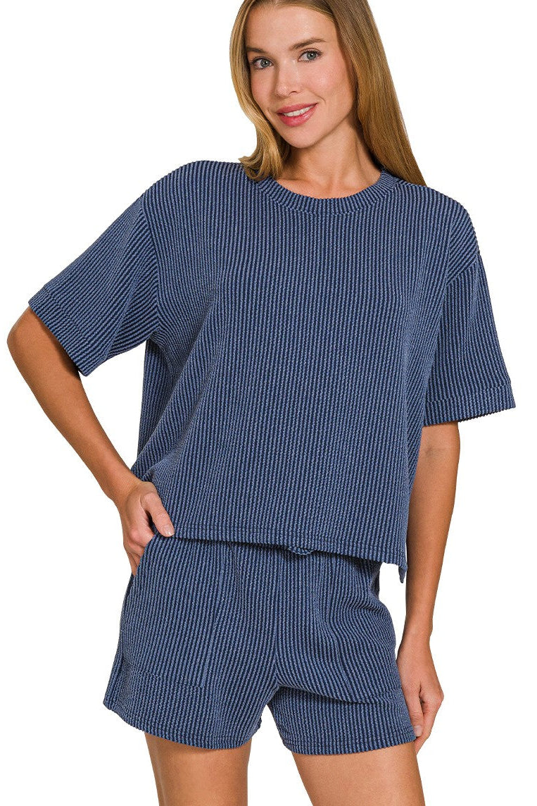 Ribbed Short Sleeve Tee + Shorts 2 Piece Set | Navy