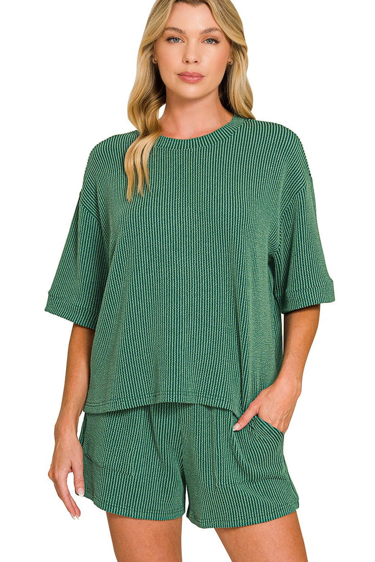Ribbed Short Sleeve Tee + Shorts 2 Piece Set | Hunter Green