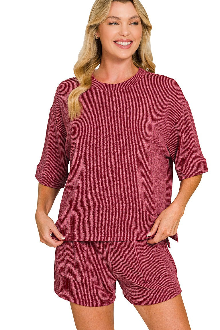 Ribbed Short Sleeve Tee + Shorts 2 Piece Set | Burgundy